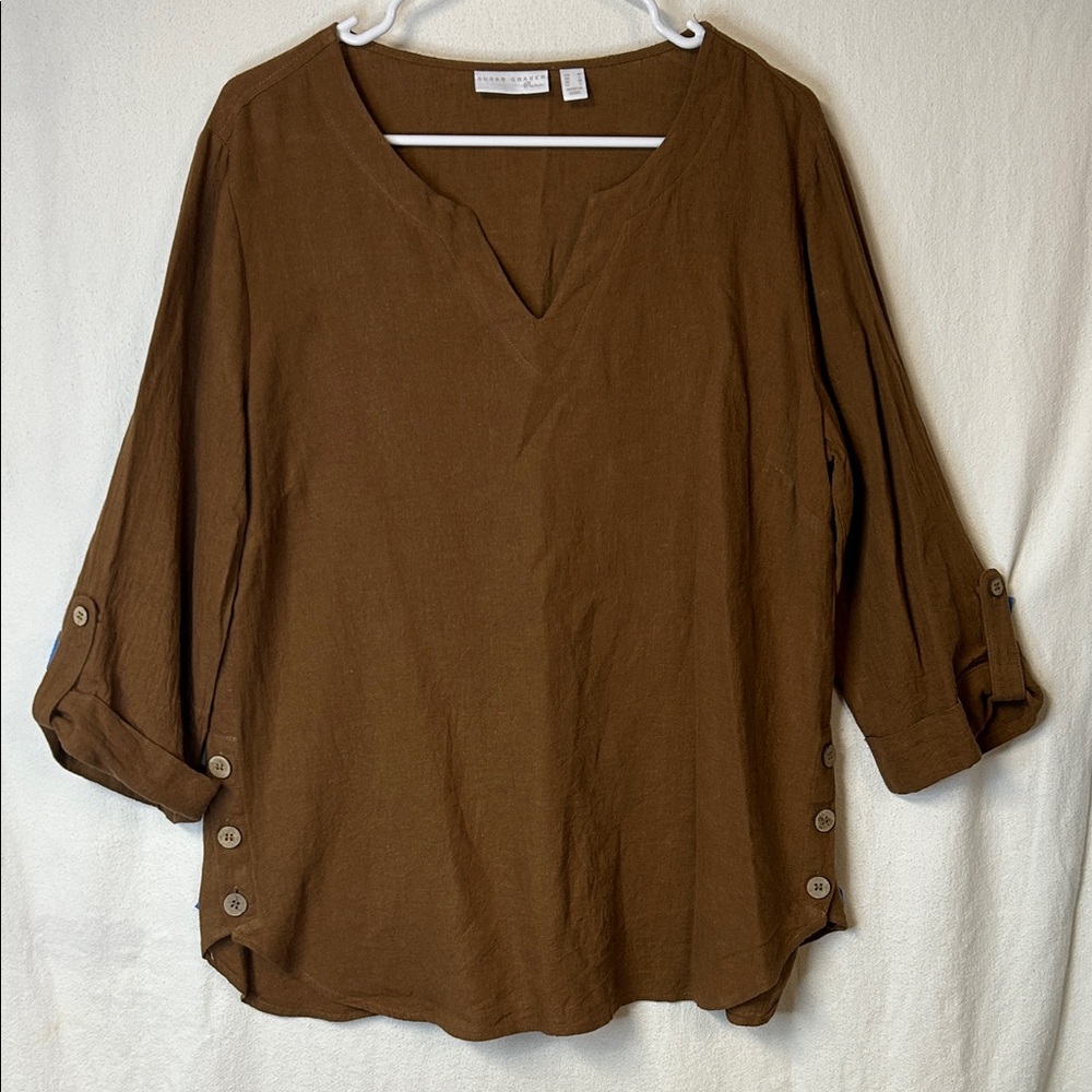 Susan Graver Women’s Tunic Size M Golden Brown Linen Blend Button Details